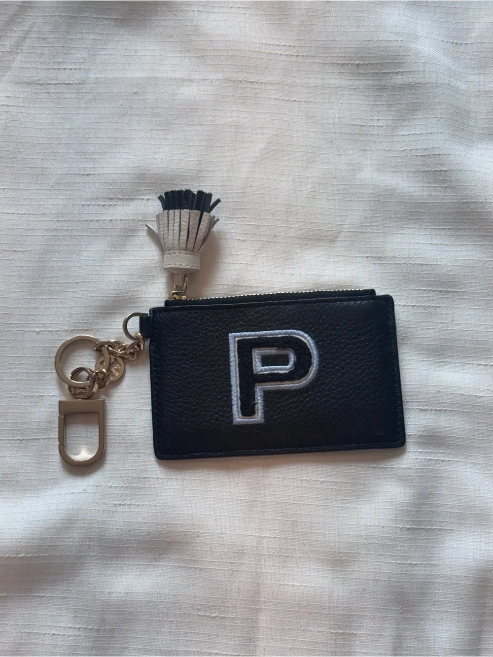 Tory Burch Black Leather P Patch Cardholder Keychain with Tassel